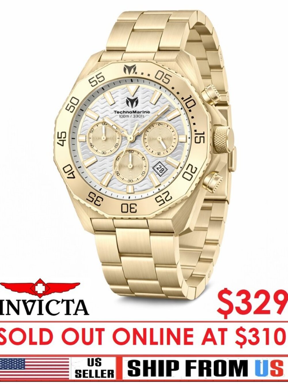 $329 TechnoMarine Mare Vivo Men's Gold 44mm Quartz Date Watch NIB